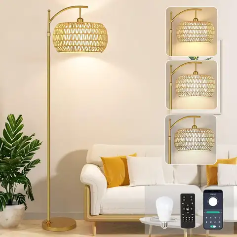 Boho Rattan Floor Lamp with Remote, Dimmable Vintage Brass Standing Lamp for Living Room Bedroom Corner