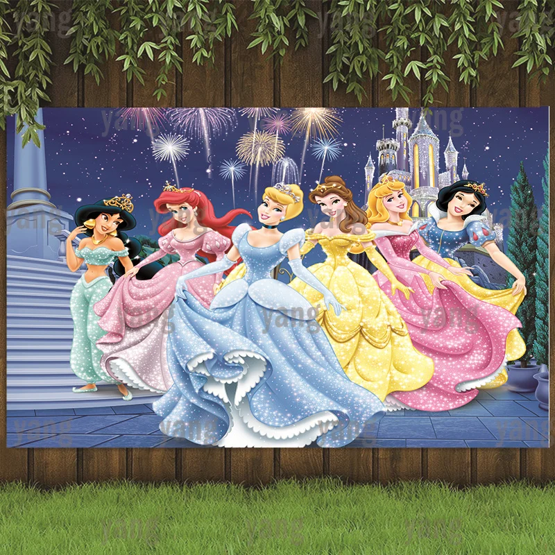 Disney Princess Wedding Castle Cinderella Snow  White Aladdin Fireworks Backdrop Girls Birthday Party Baby Shower Banner