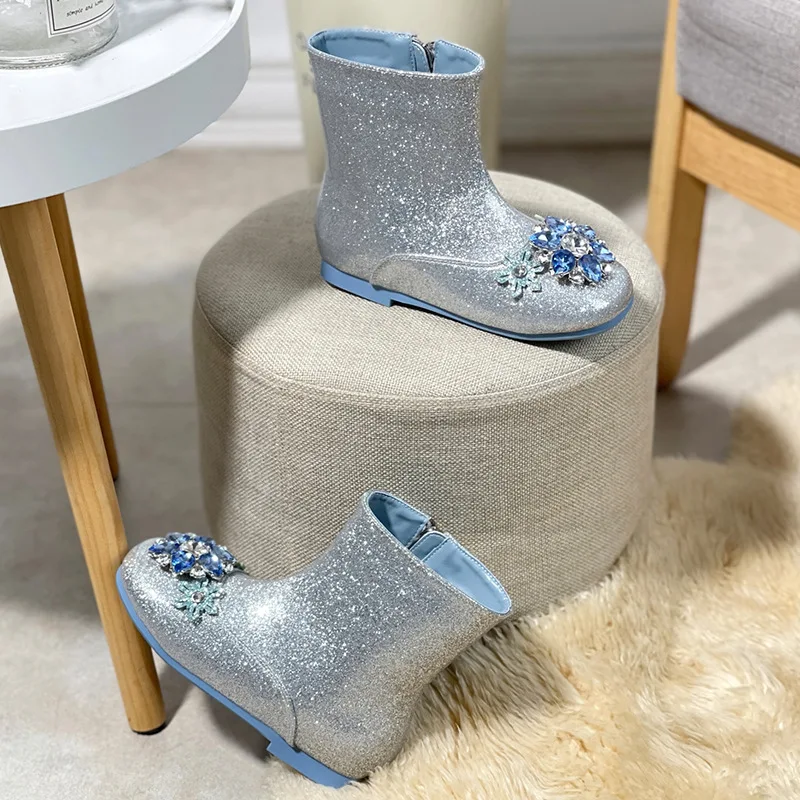 Picture 4: Children's Blue Boots Girls Love Sally Princess Diamond Boots  New 2026 Autumn Winters Cuhk Children Add Wool Warm Shoes Boots