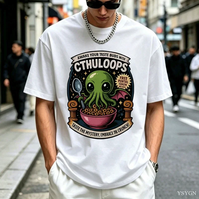 Shirt Face Cthuloops Cthulhu Cereal Parody Funny Cthulhu Anime T Shirts Mens Clothes Fashion Washed T-shirts for Men Tops