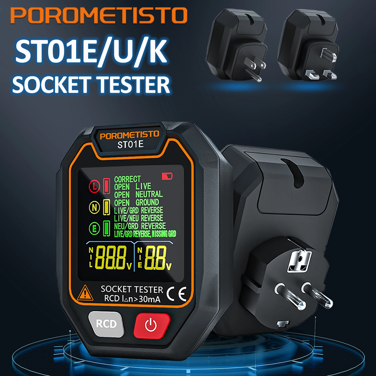 POROMETISTO ST01 Socket Tester Data Hold Digital Outlet Socket Detect US/UK/EU Plug Ground Zero Line Plug Polarity Phase Check