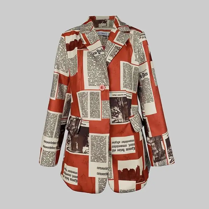 

BabYoung осенне-зимнее пальто, куртки для женщин, газетный принт, уличная одежда с зубчатым воротником, женский длинный пиджак, верхняя одежда