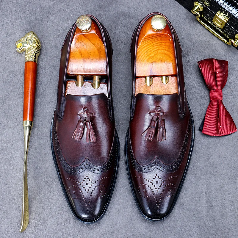 Mens Premium Polished Leather Tassel Loafers Wingtip Brogue Detailing Slip On Formal Low Heel Business Wedding Dress Footwear