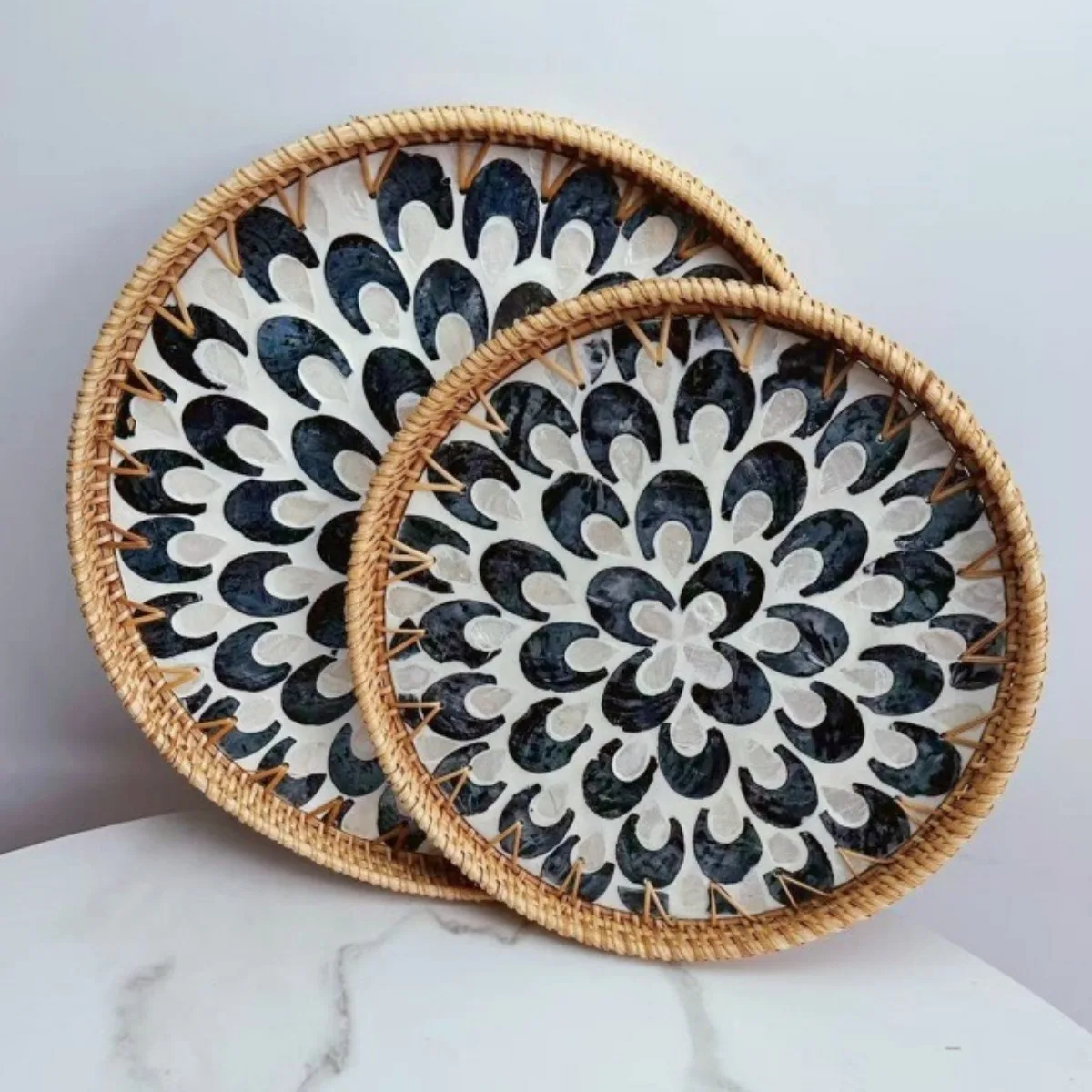 Serving Tray Lacquer Mother of Pearl Inlay Mosaic Tray Round Rattan Marble Tray Woven Basket Trays for Bread Fruits Coffee Leaf