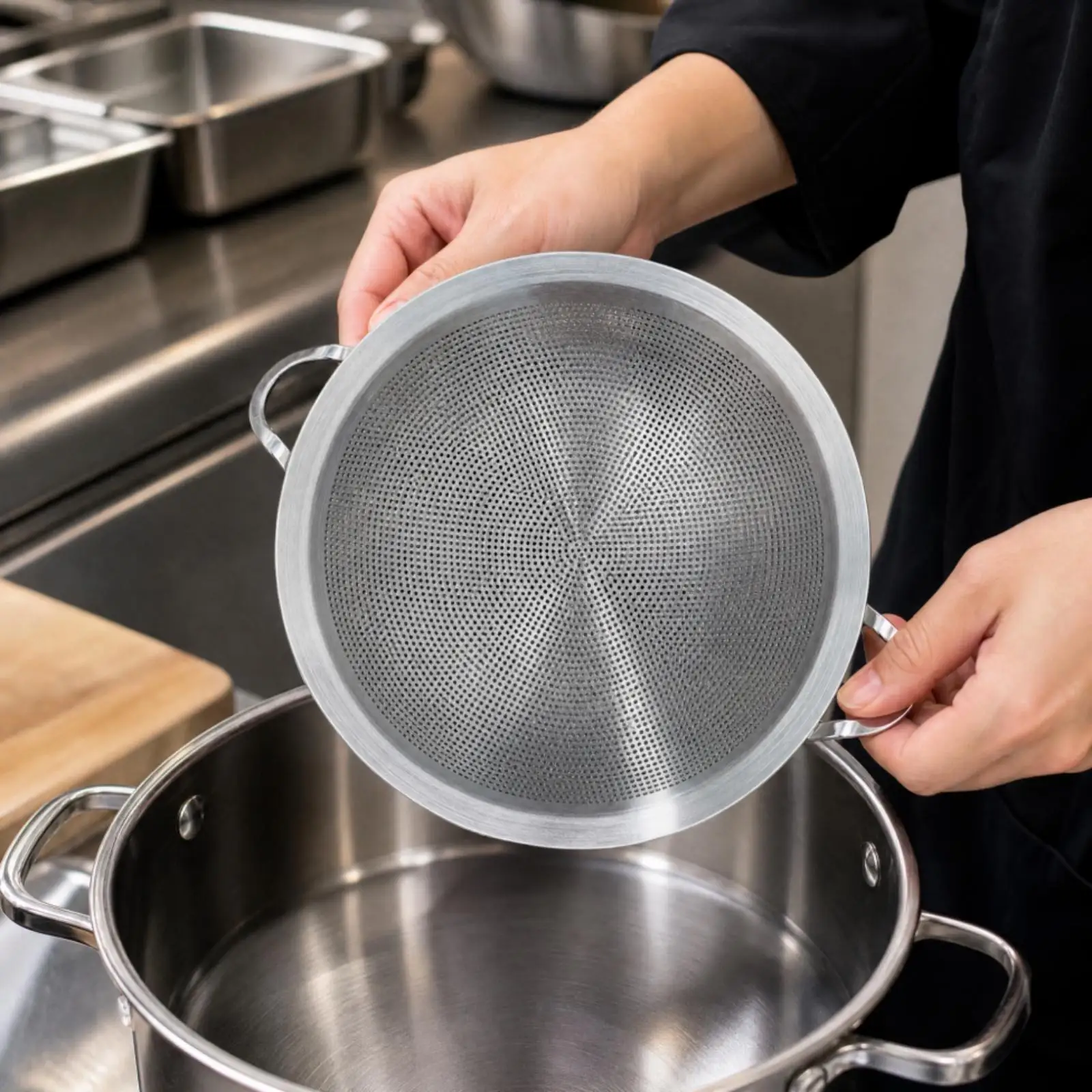 Rust Resistant 316L Steel Kitchen Sieve with Raised Rim for Straining Liquids and Cooking Tasks