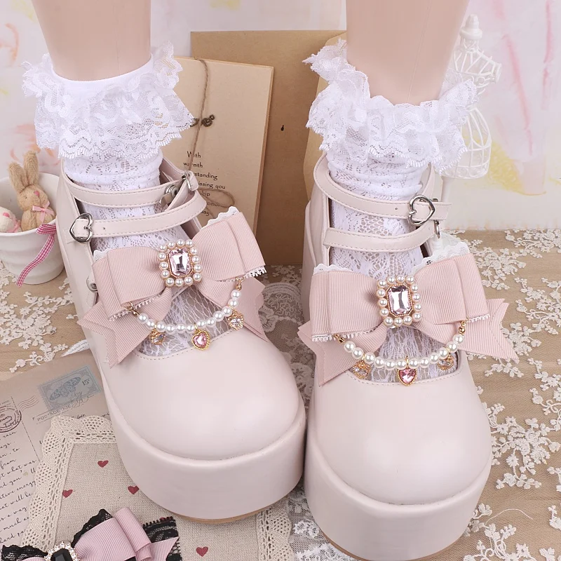 Handmade Lace Stitching Bow Pearl Beaded Shoe Buckle Sweet Cute Heart Shape Rhinestone Pendant Shoe Clip Lolita Shoe Decoration