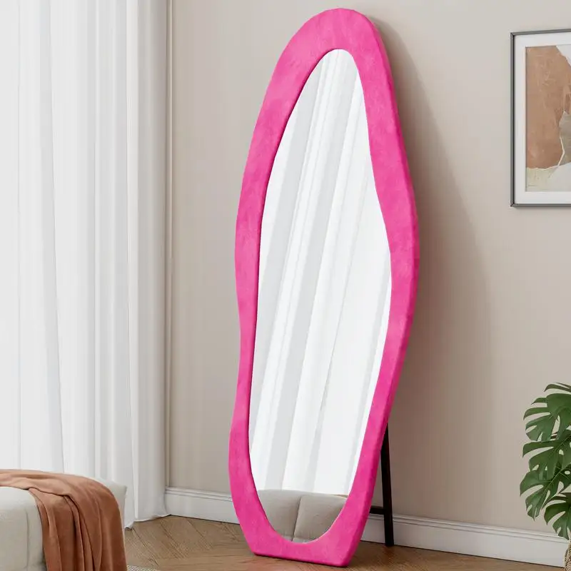 

63" x 24" Full Length Floor & Wall Mirror, Flannel Wrapped Wooden Frame, Irregular Wavy Design, Standing/Wall Mounted for