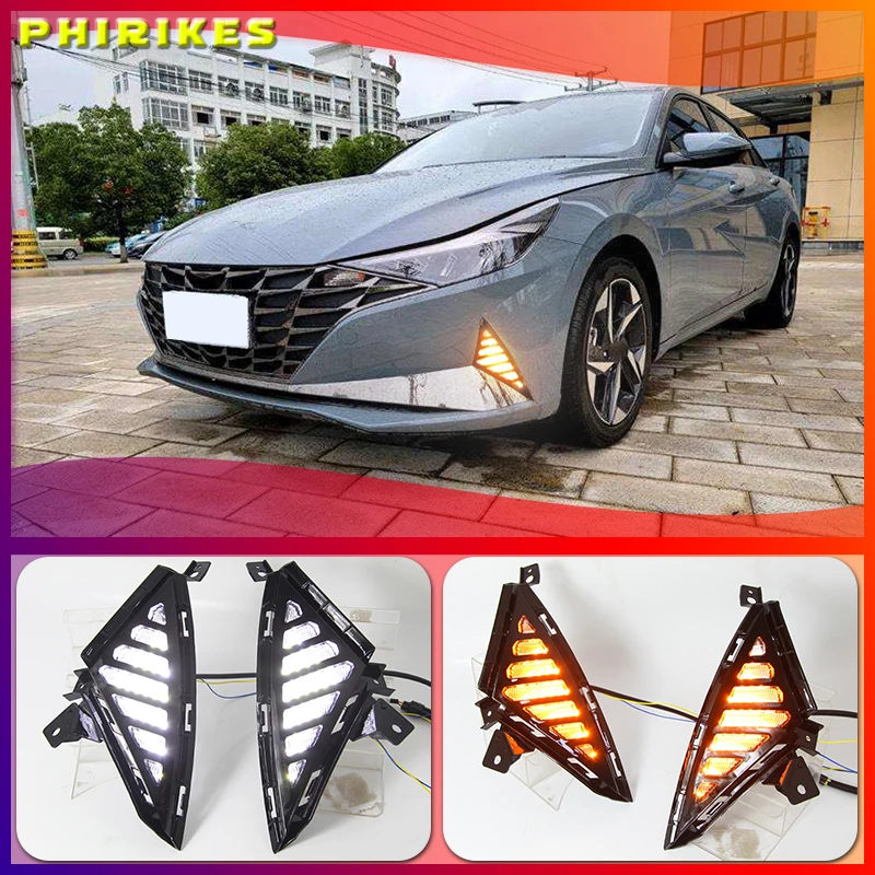 

LED DRL Daytime Running Lights with Yellow Turn Singal Car Fog Lamp Cover Case For Hyundai Elantra 2020 2021