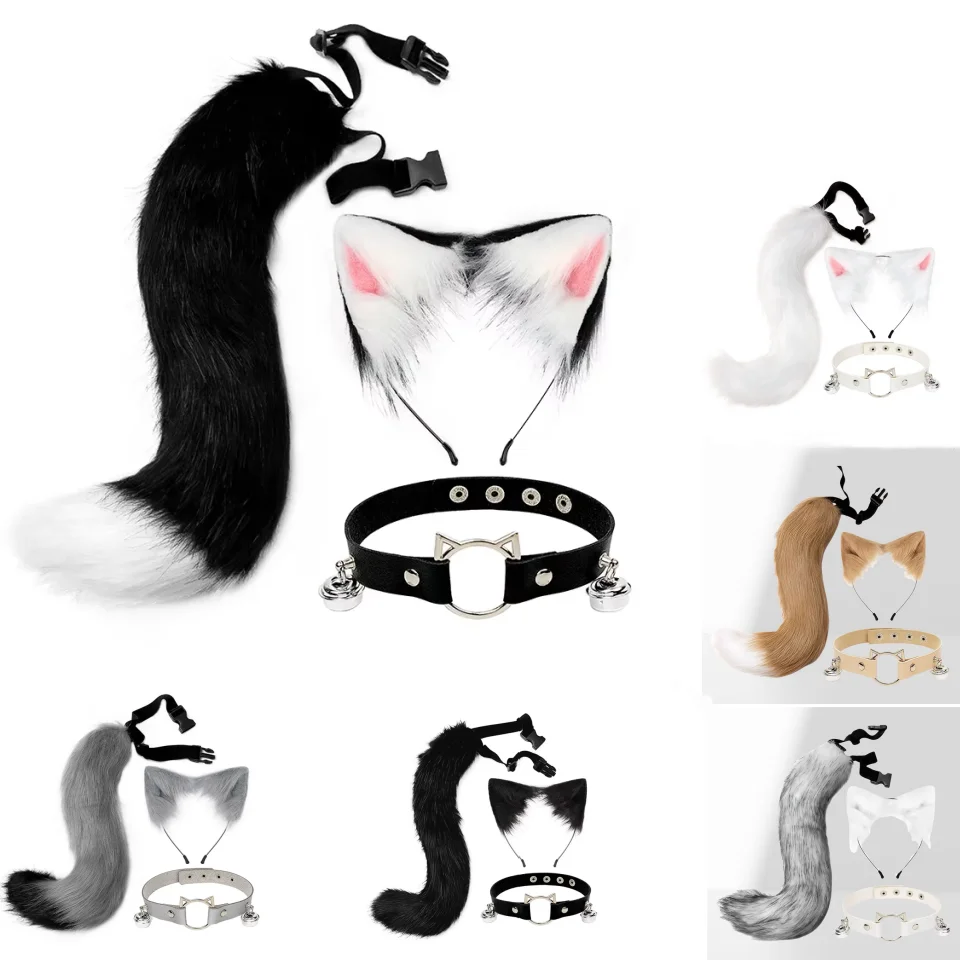 Halloween Party Dress Up Fluffy Cute Cat Ears Headband Furry Ears Hair Hoop Necklace Tail Set Leather Small Bell 3pcs For