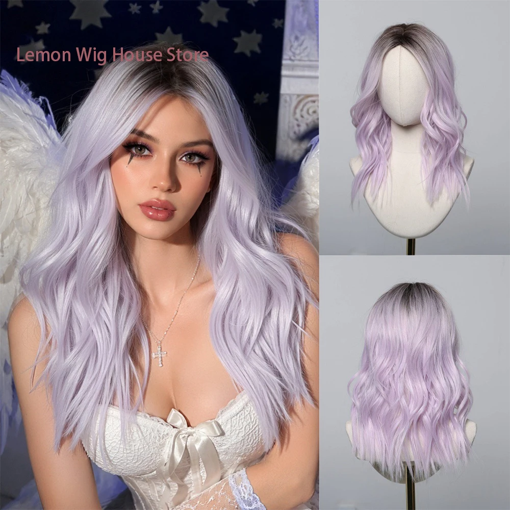 Water Wave Gradient Purple Wig Medium Straight Synthetic Hair Lolita Pink Wigs for Women Anime Cosplay Halloween Costume Wig 가발