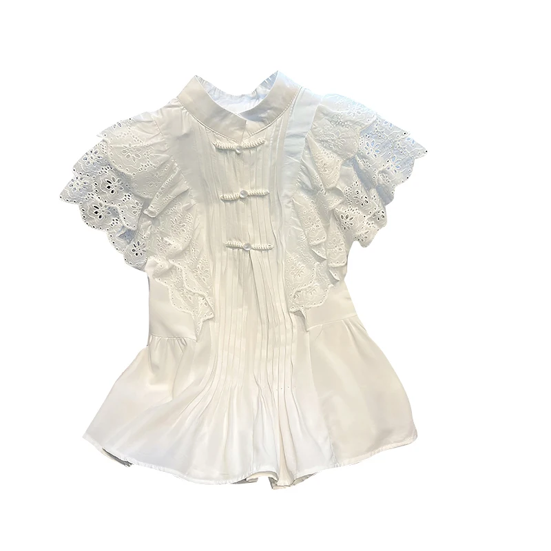 Summer Lady Temperament Fashion White Shirt Lace Stitching Flying Sleeve Blouse Women's Buckle Stand Collar Sleeveless Top