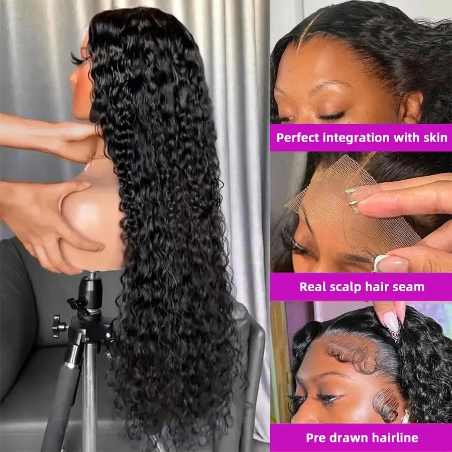 Wig Rambut Asli Deep Wave Lace Front untuk Wanita, 13x4 HD Deep Curly Lace Front Wig Rambut Asli Pre Plucked Deep Wave Lace