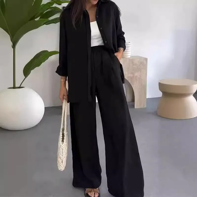 

Spring Summer New Solid Color Commute 2 Piece Women Leisure Long Sleeve Shirts Wide Leg Pants Matching Set Chic Lapel Button Set