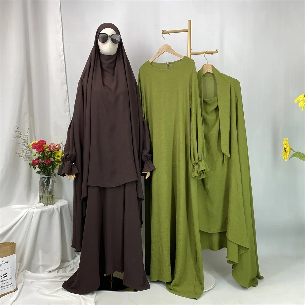 

Dubai Turkey Kaftan Eid Ramadan Overhead Khimar Burqa Muslim Women Prayer Dress Set 2PCS Niqab Abaya Islamic Jalabiya Djellab
