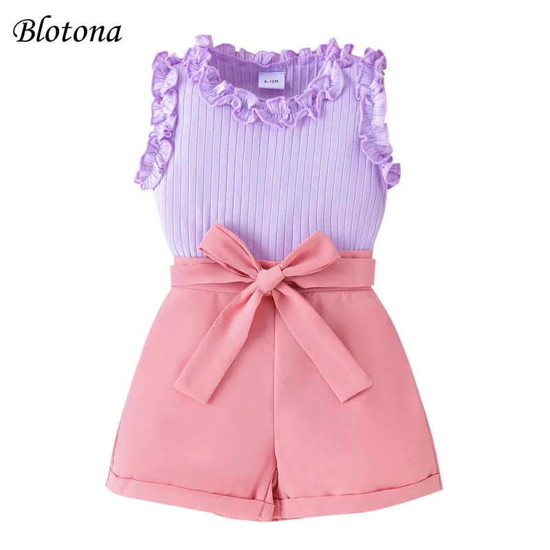 

Blotona Toddler Girl Summer Outfit Solid Color Ribbed Frills Sleeveless Tank Tops and Shorts with Belt 2Pcs Clothes Set 6M-4T