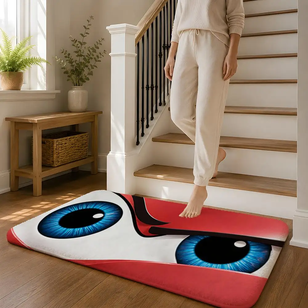 Cartoon Big Eyes Floor Mat Flannel Rug Non Slip Absorbent Soft Washable For Entryway Hallway Bathroom Kitchen Decor