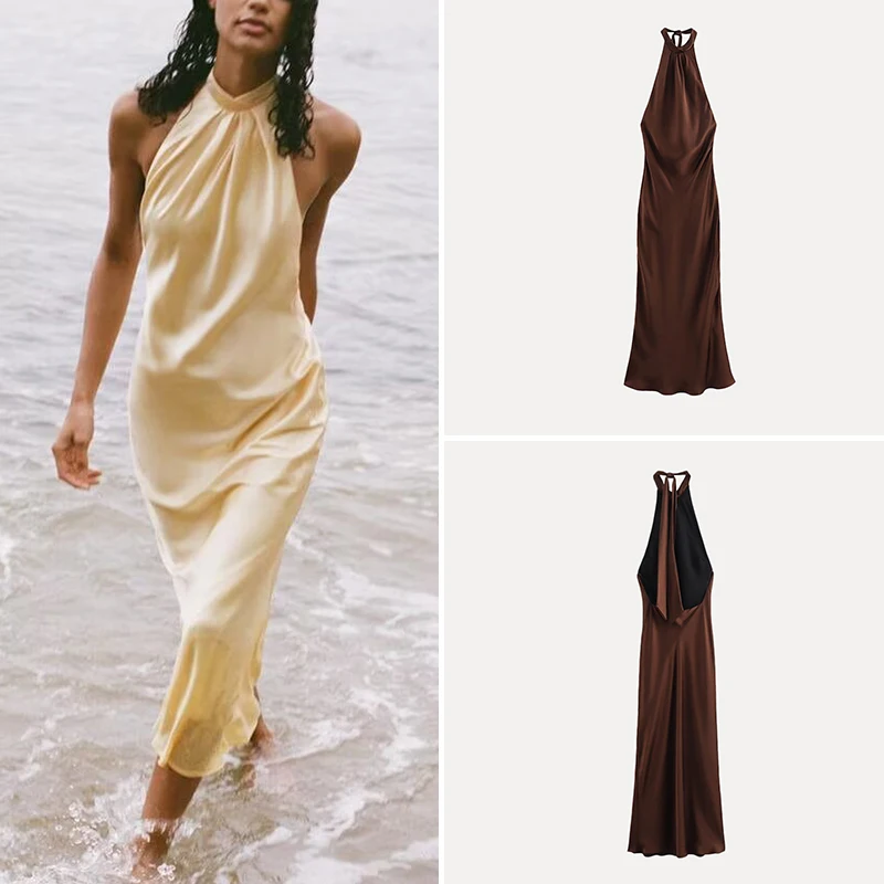 Silk Satin Feel Bal Neline Dr Women's Summer New Sle Polyester Fiber  Daily Wear No Sve China Made