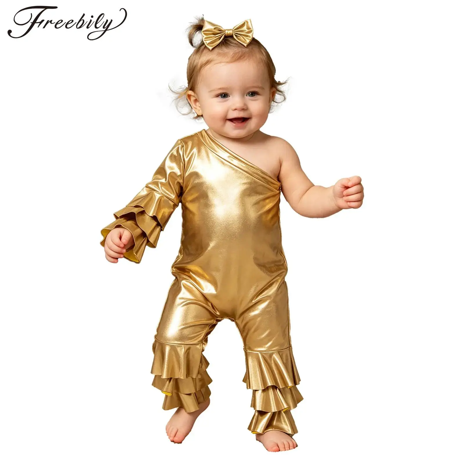 Baby Girls Metallic Rompers Birthday Party Outfit One Shoulder Tiered Ruffle Bell-bottom Jumpsuit with Headband for Photo Shoot