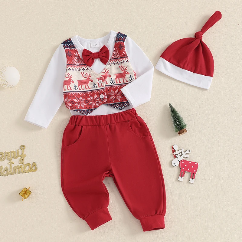 0-18M Baby Boy Christmas 3Pieces Set Long Sleeve Patchwork Rompers with Bow Decor + Elastic Waist Pants + Hat Infant Outfit