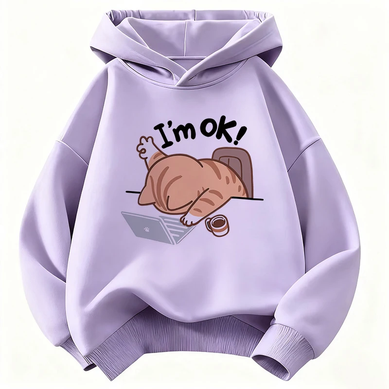 I Am Ok Computer Cat Design Hooded Kids Children's Sweatshirt Cute Hoody for Boys Girls Sping Kawaii Casual Hoodies
