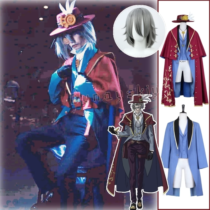 Conjunto de disfraz de Jack The Ripper, capa color burdeos, gabardina azul, sombrero, peluca, Anime Shuumatsu No Valkyrie Record Of Ragnarok, Halloween