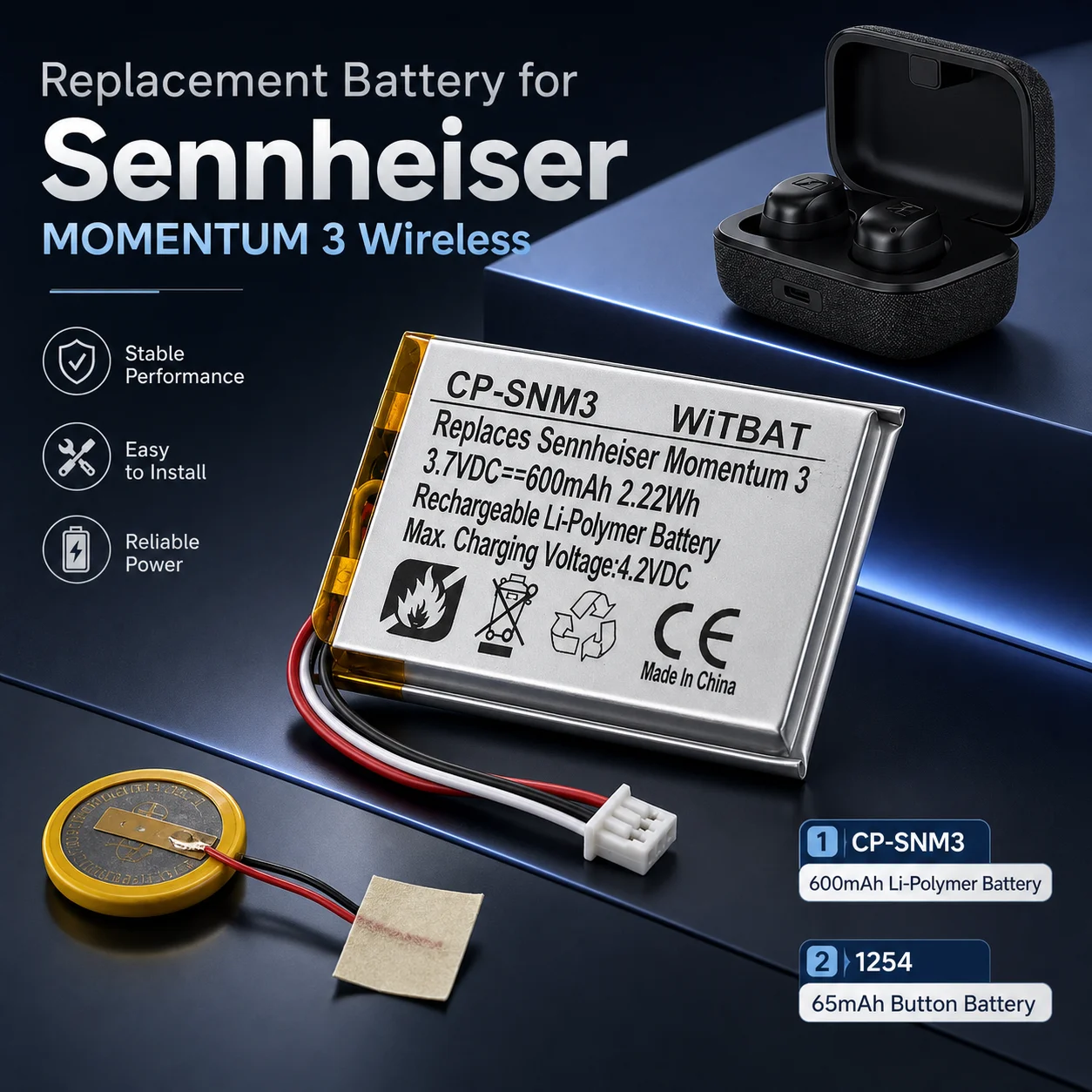 Replacement Battery CP-SNM3 600mAh 1254 Cell for Sennheiser MOMENTUM 3 MTW3 TWS Earbuds Charging Case Repair