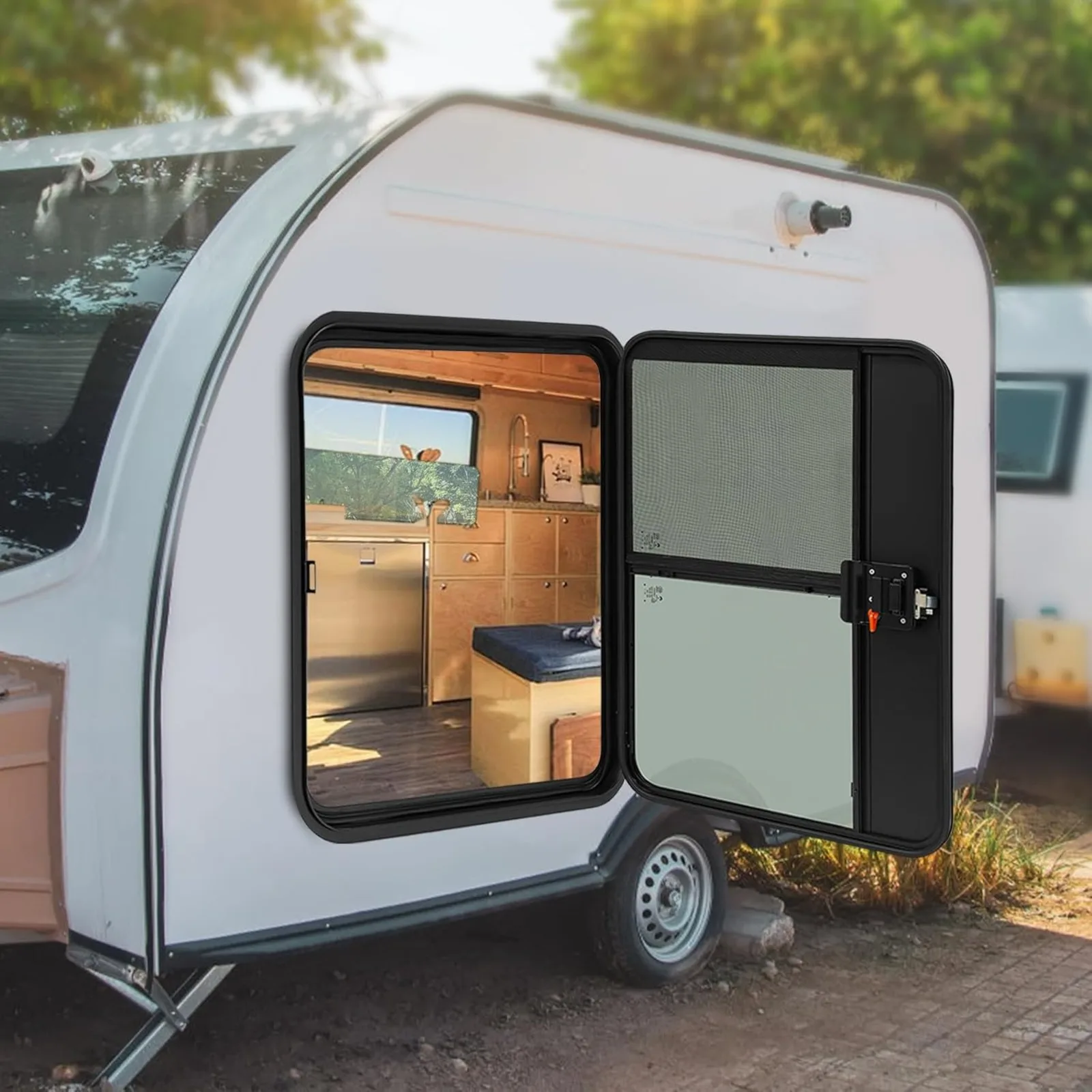 BYMAOCAR 26×36 Inch Left Hand RV Entry Door With Tempered Glass & Key Lock Fits 18-20mm Wall Thickness Black Teardrop Trailer Camper Access Door For RV Caravan Modification