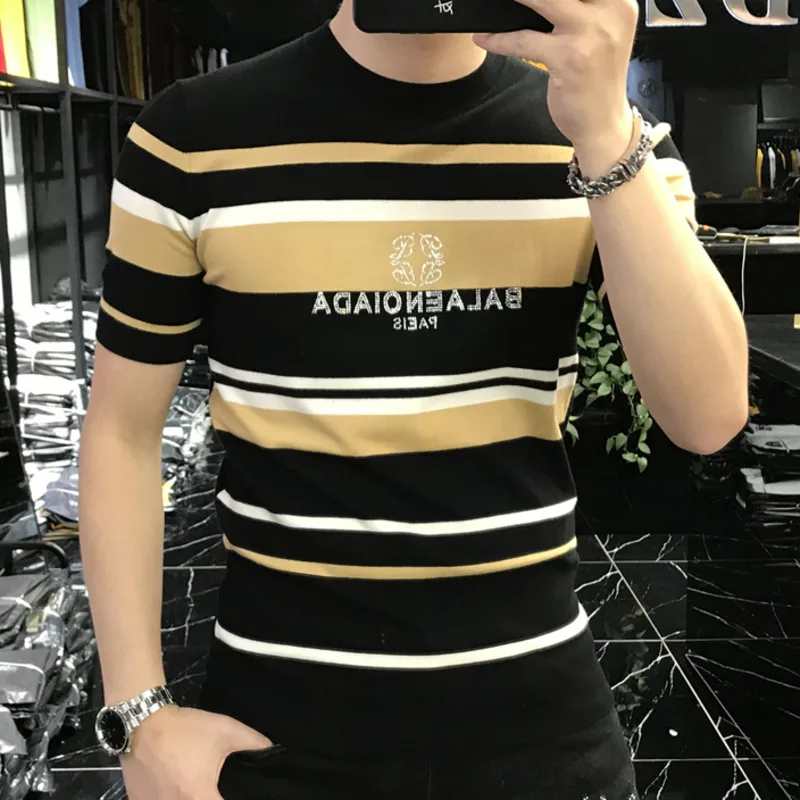 2023Tee Shirt Homme Personalized Striped Contrast Heat Drill Slim Fit Elastic Ice Silk Short Sleeve T-shirt Round Neck MenTshirt