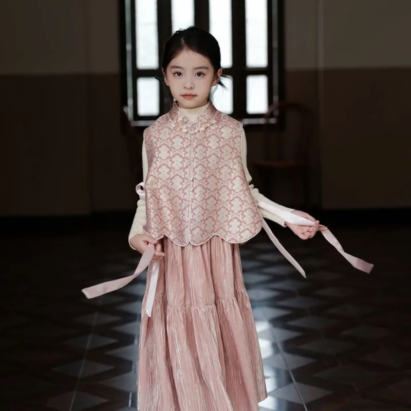 2026 Girls' New Year's Clothing Set Children's New Chinese Clothes Princess Skirt Kids' Hanfu Vest+Shirt+Skirt 3-Piece Set LJ284