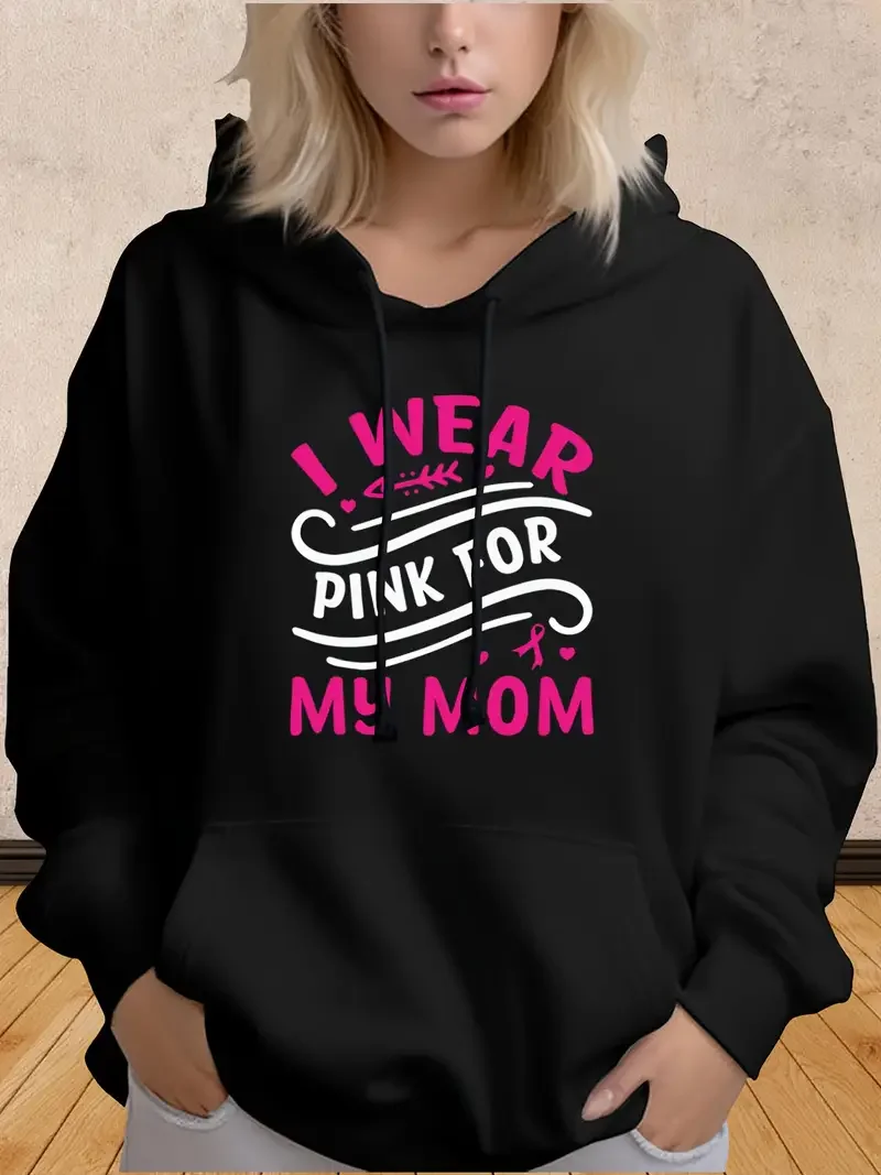 

Women Plus Size Hoodie Pink Breast Cancer Awareness Print Casual Sweatshirt Fall Pullover Hooded With Kangaroo Pocket 550gsm
