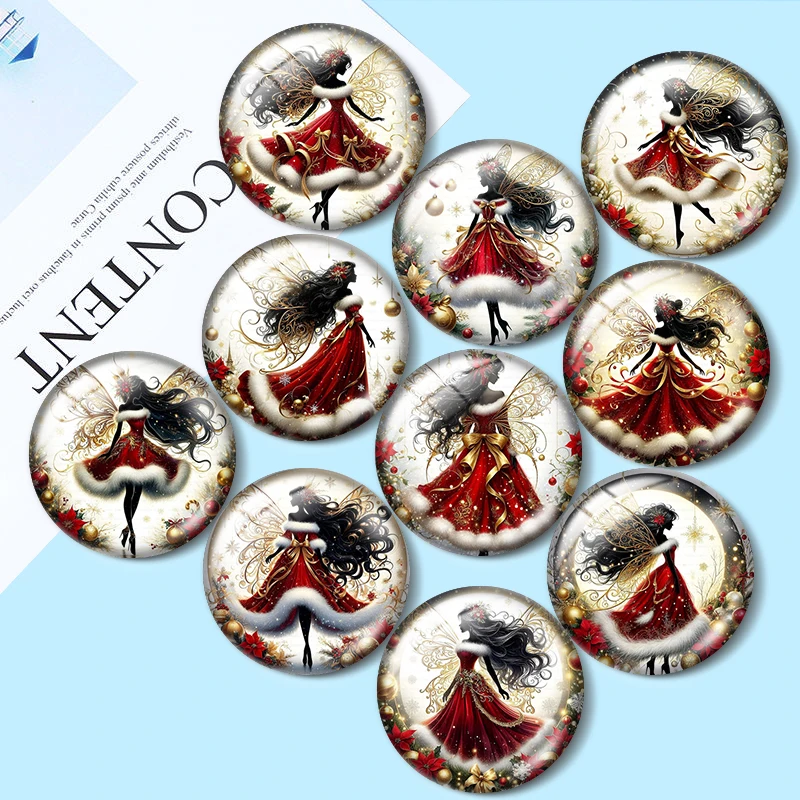 Cabujones de cristal de 12/18/20/25mm con diseño de Hada Navideña para pulseras, colgantes, anillos, pendientes y accesorios de joyería
