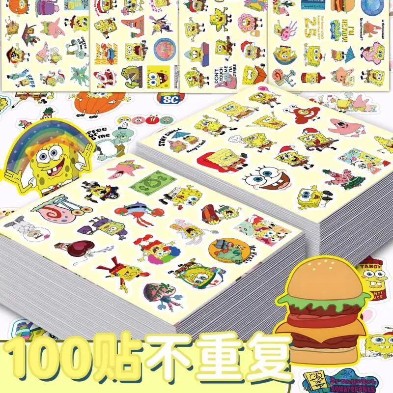 

100 не повторяющихся губчатых бобов, квадратные штаны, аниме, мультяшные наклейки, материалы для ручного счета, студенческие награды, наклейки, уплотнительные наклейки