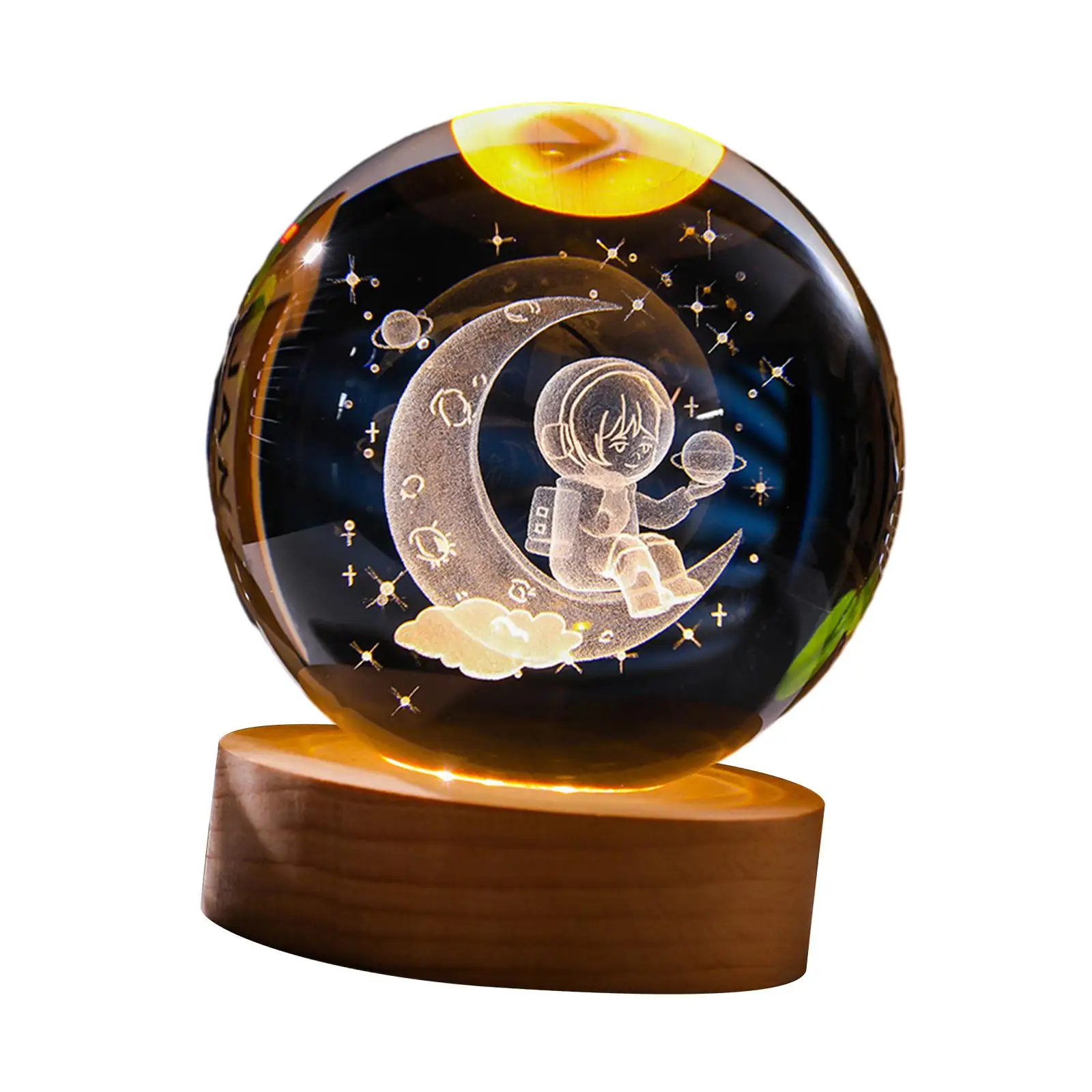 2.4inch 3D Artificial Crystal Ball Night Light Wooden Base Desk Decoration for Housewarming, Anniversary Gift Versatile Sturdy