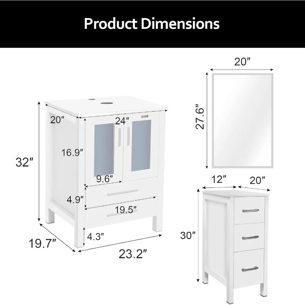 Armário com espelho branco com armário lateral, Banheiro Vanity Sink Combo, Set Pedestal Stand Wood, 60 in