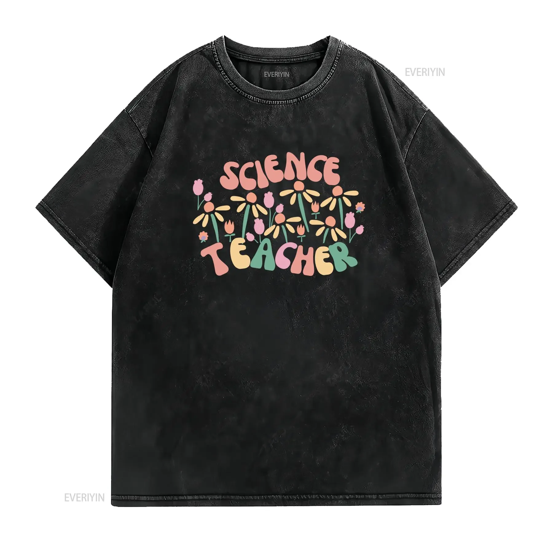 Retro Groovy Science Teacher Floral Print Casual T Shirt vintage Washed Versatile Comfortable Unisex homme streetwear Slightly