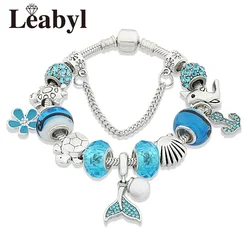 Stylish Blue Crystal Mermaid Flower Turtle Dolphin Charms Bracelet for Women Kids Gift Ocean Series Jewelry