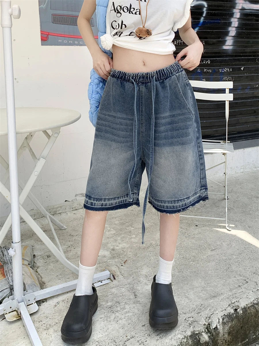 

Slergiri American vintage summer denim shorts women washed casual loose half pants streetwear drawstring raw hem wide-leg jeans