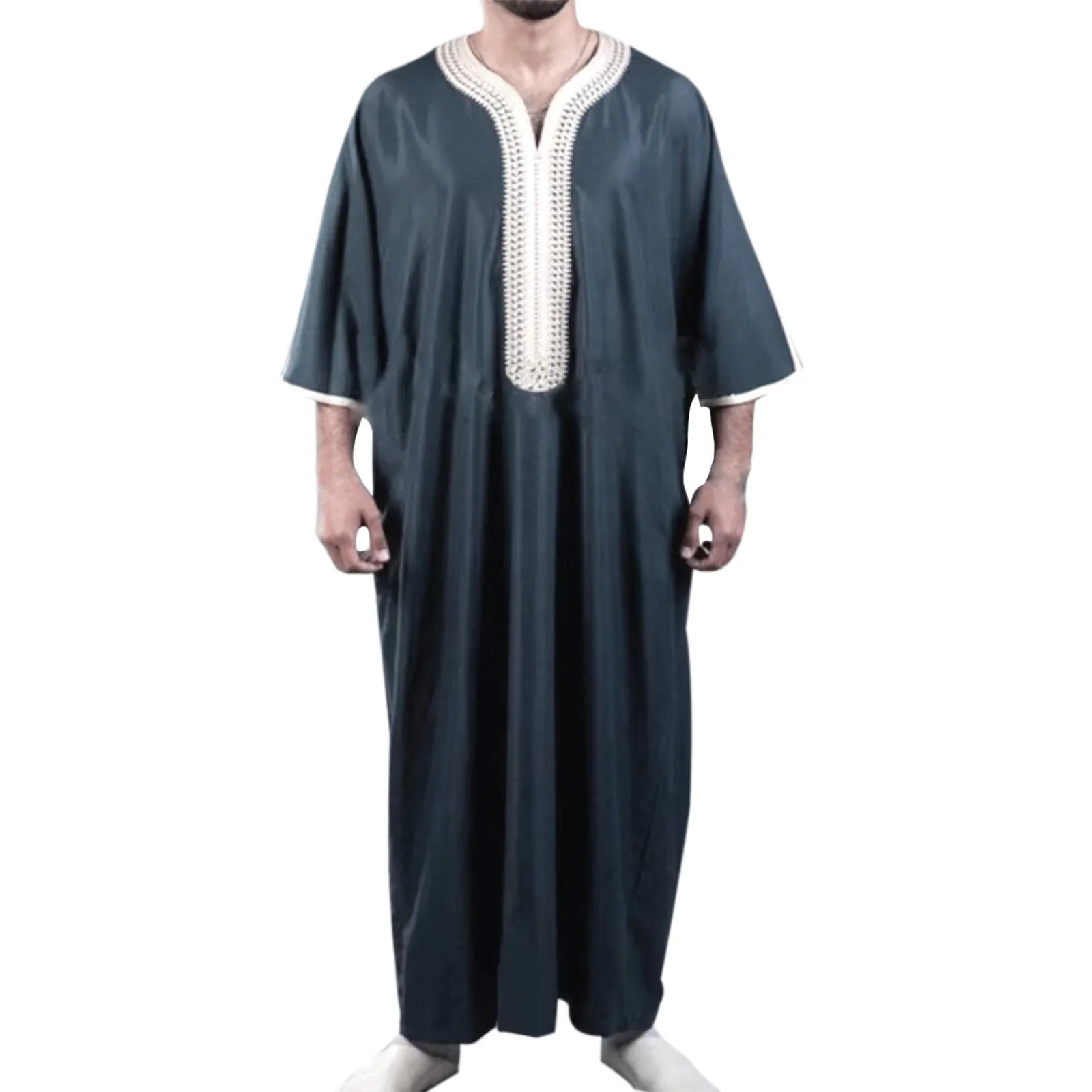 Muslim Men Robe Half Sleeve Solid Color Embroidery Breathable Traditional Islamic Clothing Trendy Saudi Arabia Kaftan Abaya Robe