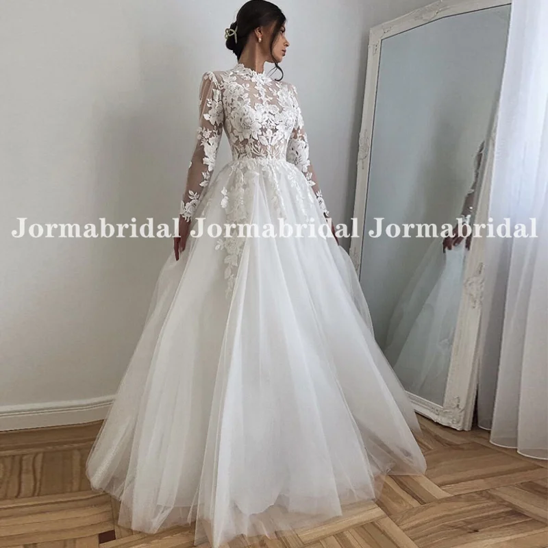 

Long Sleeve Tulle Wedding Dress with High Neck Illusion Bodice Floral Appliqués A-line Bridal Gowns Full Length Vintage Vestidos