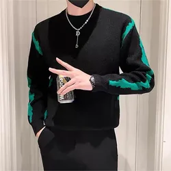 Elegante o pescoço emendado all-match coreano suéteres roupas masculinas 2022 outono novo solto casual pullovers manga longa quente topos