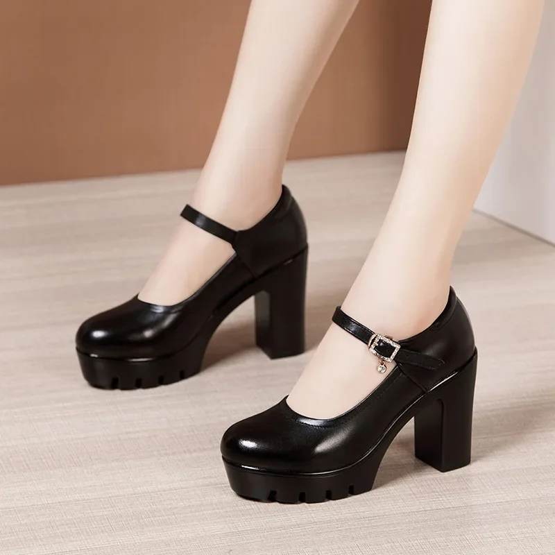 10cm Small Big Size 32-43 Shallow Red Wedding Shoes Bride Platform Pumps 2025 Fall Block High Heels Shoes Leather Office Model