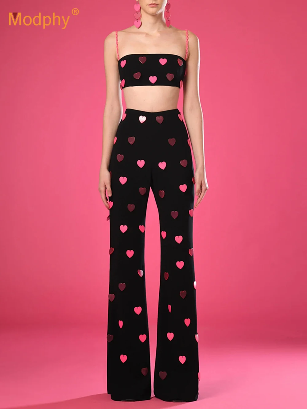 Modphy 2025 New Arrival Women Two Pieces Sets Sexy Heart Sequin Strap Crop Tops Pants Y2K Female Clothes Club Party Outfit