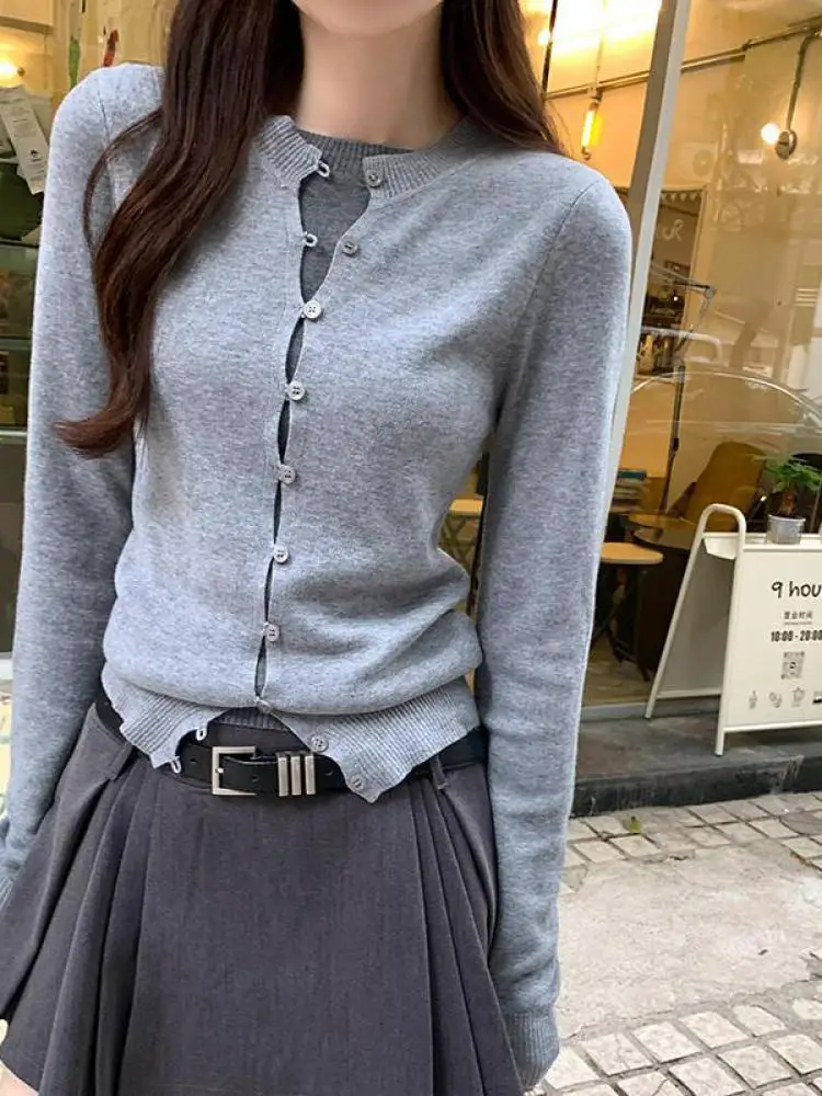 

Французский модный однотонный женский кардиган с круглым вырезом, элегантный однобортный вязаный свитер с длинными рукавами, осенне-зимние женские топы, тренд