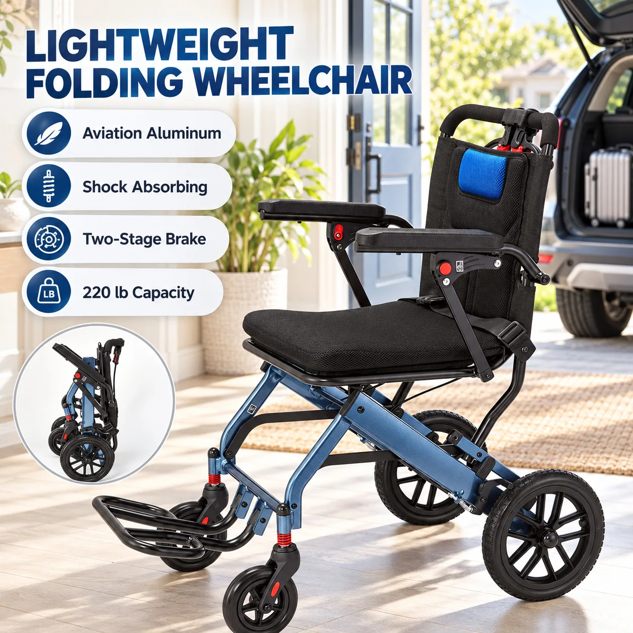 Portable Lightweight Folding Wheelchair Wide Frame Aviation Aluminum Transport Chair with 10 Inch Shock Absorbing Rear Wheels Two Stage Brake Comfortable PVC Seat 16 Inch Seat Depth 220 LB Capacity Navy Blue Mobility Aid