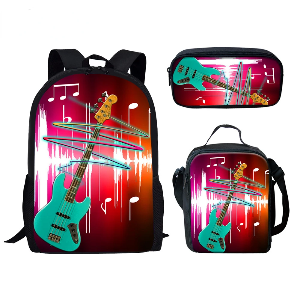 Harajuku Youthful Novelty Funny Music Guitar 3D Print 3pcs/Set Student Travel bags Laptop Daypack Backpack Lunch Bag Pencil Case