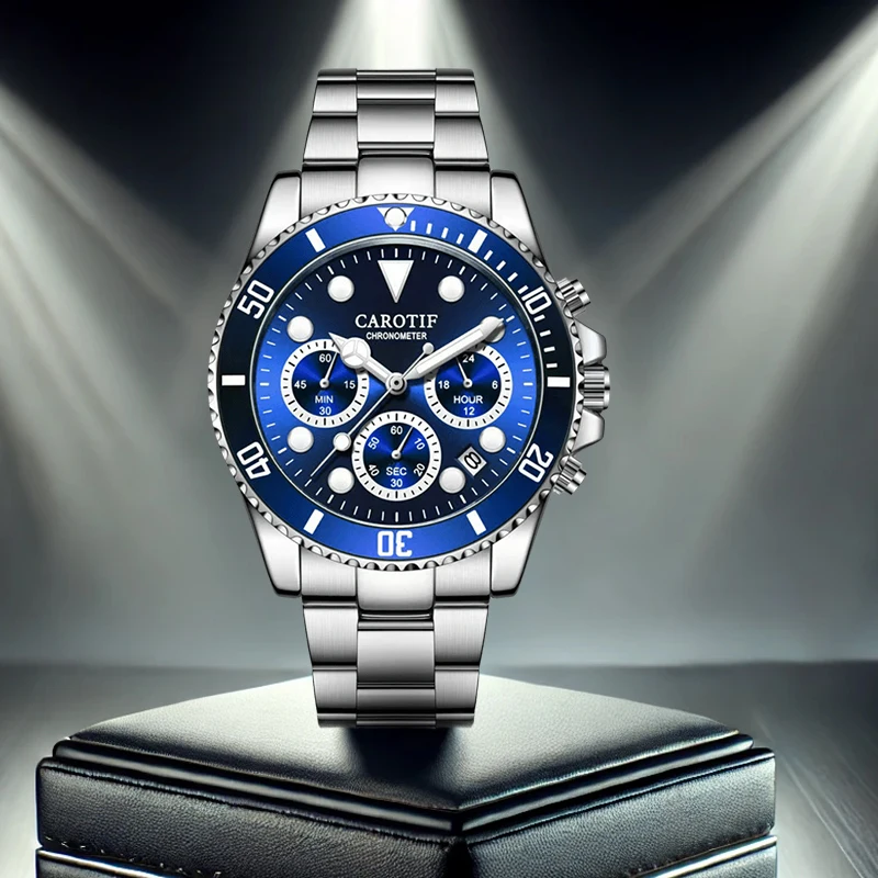 Un orologio al quarzo multifunzione da uomo con cinturino in acciaio argentato e quadrante minimalista