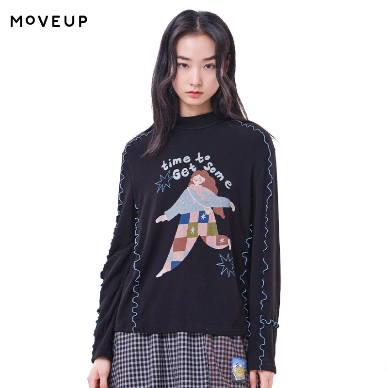 MOVEUP Women's Turtleneck Long Sleeve T‑Shirt 2026 Winter Cartoon Print Contrast Wavy Line Decor Casual Short Top 3ELD10524