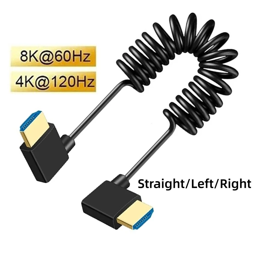 8K HDMI-compatible 48Gbps Coiled Cord 90 Degree Left Right Angled Cable for PC Laptop Game Consoles Camcorder Monitor Projector