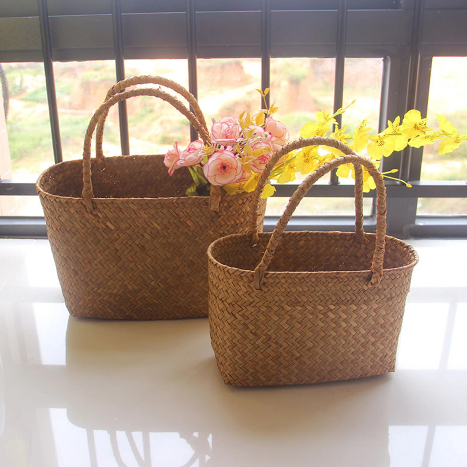 Seaweeds Woven Basket Bag Durable Laundry Basket Market Bag for Home Gardening Living Room