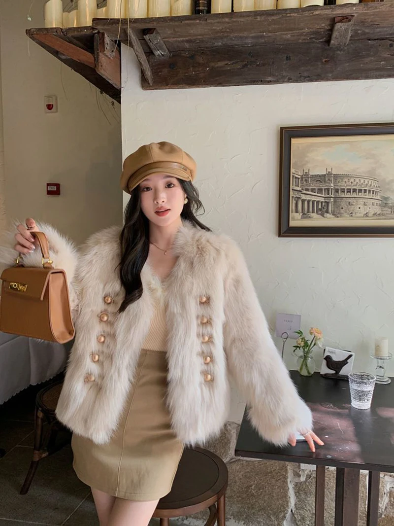 Chic White Women Faux Fur Jacket Pearl Button Coat Collarless Long Sleeve Cropped Loose Luxury Cozy Winter Outerwear Top